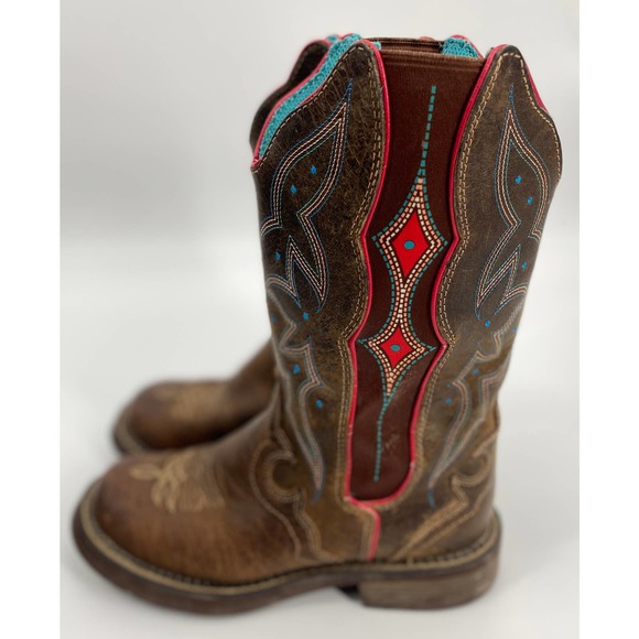 JUSTIN Womens 7 Cowboy Western Boot Brow Red turquoise Stretch Plus Size Square - Picture 3 of 7